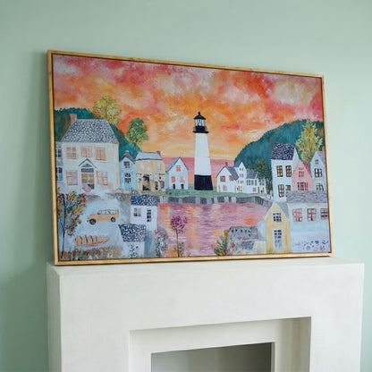Lighthouse Village at Sunset Canvas Wall Art in white oak floating frame