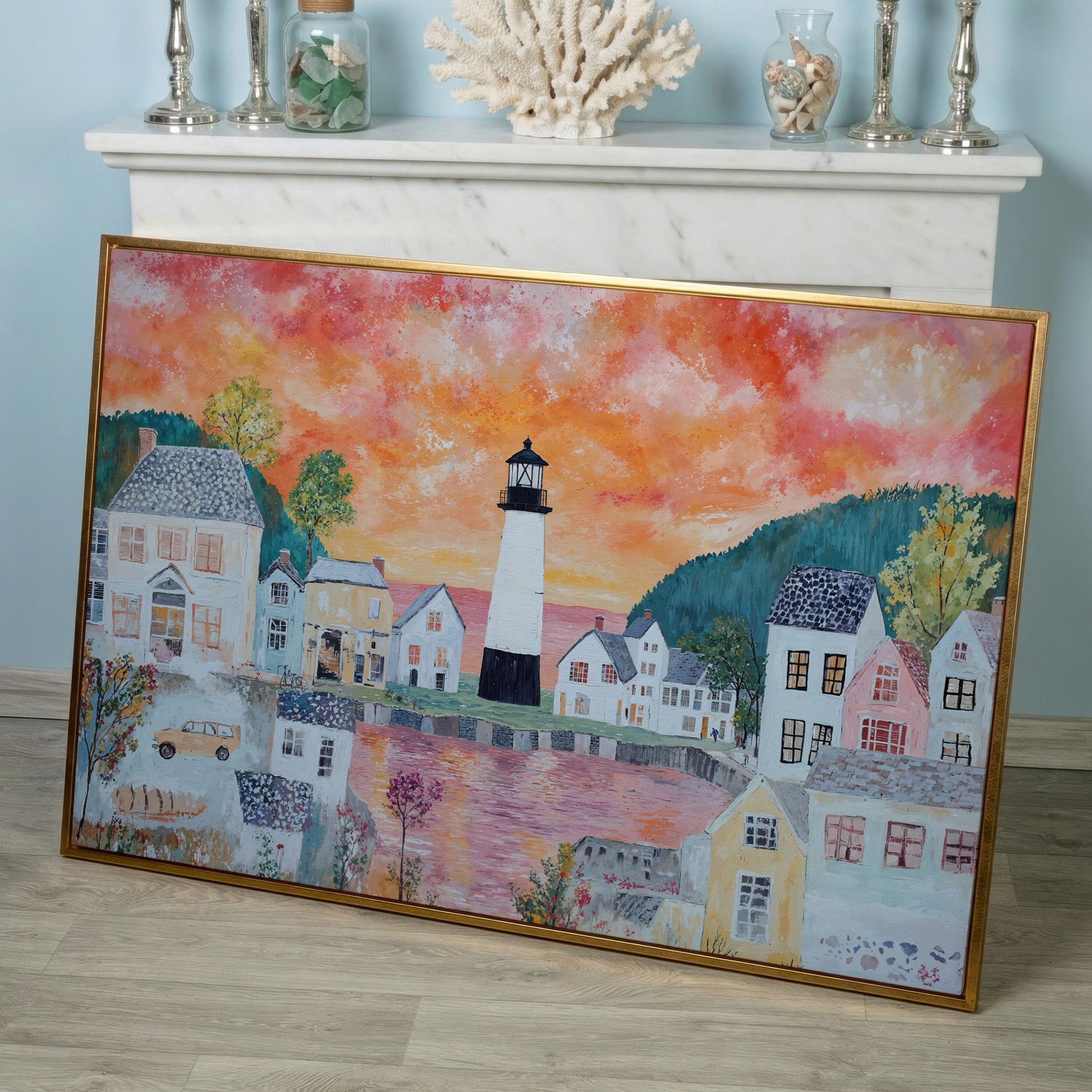 Lighthouse Village at Sunset Canvas Wall Art in rose gold floating frame
