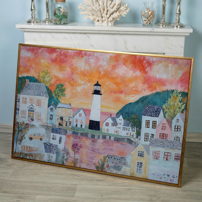 Lighthouse Village at Sunset Canvas Wall Art in rose gold floating frame