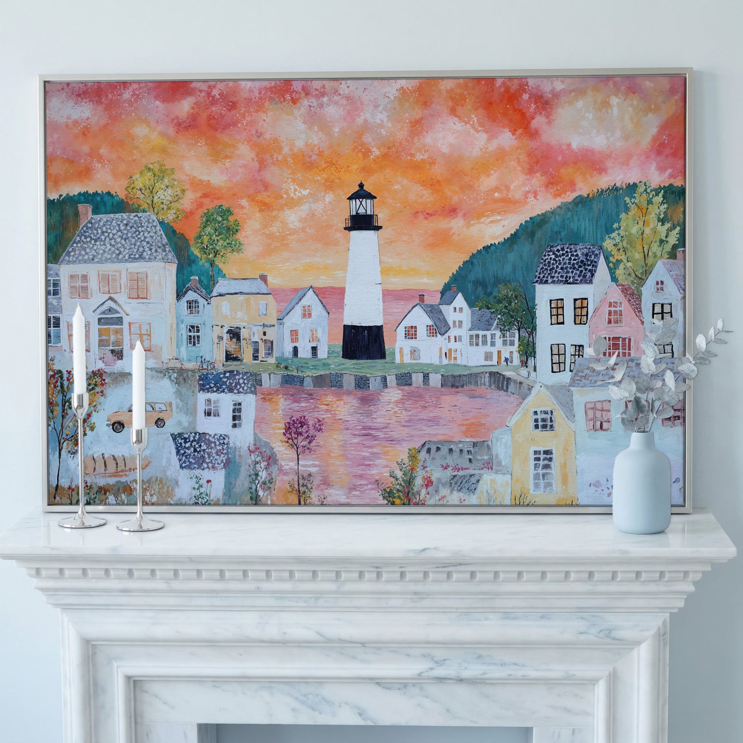 Lighthouse Village at Sunset Canvas Wall Art in silver floating frame