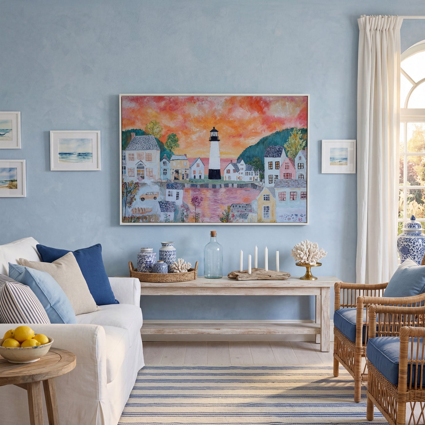 Lighthouse Village at Sunset Canvas Wall Art in white floating frame