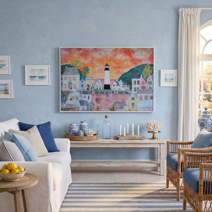 Lighthouse Village at Sunset Canvas Wall Art in white floating frame