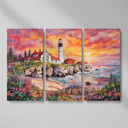 Lighthouse on Rocky Coast at Sunset Canvas Wall Art as 3-panel split version