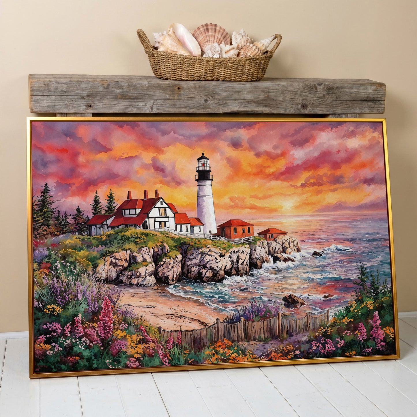 Lighthouse on Rocky Coast at Sunset Canvas Wall Art in antique gold floating frame