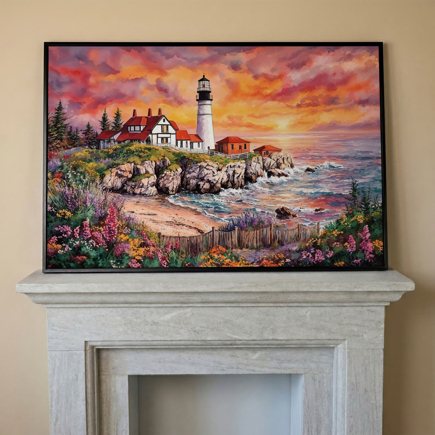 Lighthouse on Rocky Coast at Sunset Canvas Wall Art in black floating frame