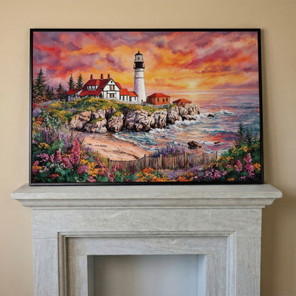 Lighthouse on Rocky Coast at Sunset Canvas Wall Art in black floating frame
