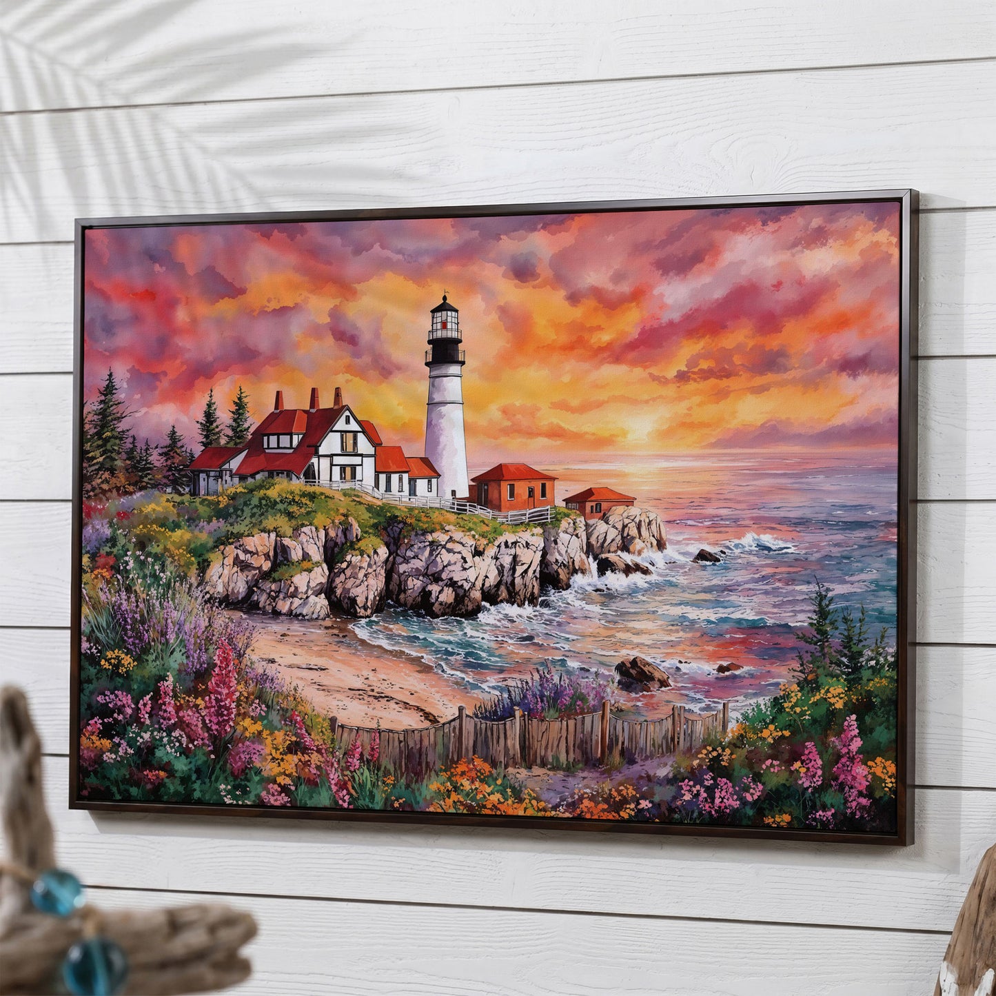 Lighthouse on Rocky Coast at Sunset Canvas Wall Art in dark walnut floating frame