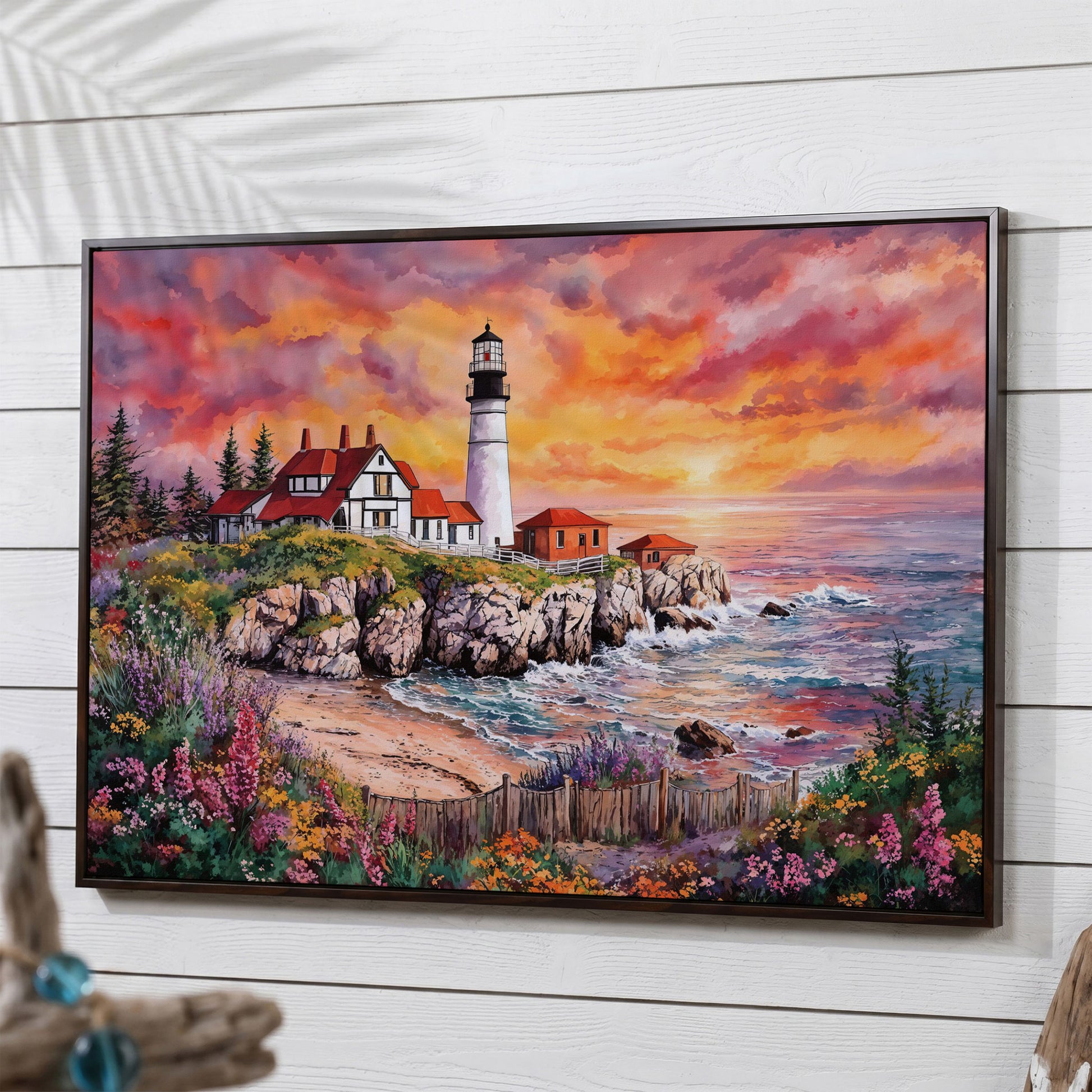 Lighthouse on Rocky Coast at Sunset Canvas Wall Art in dark walnut floating frame