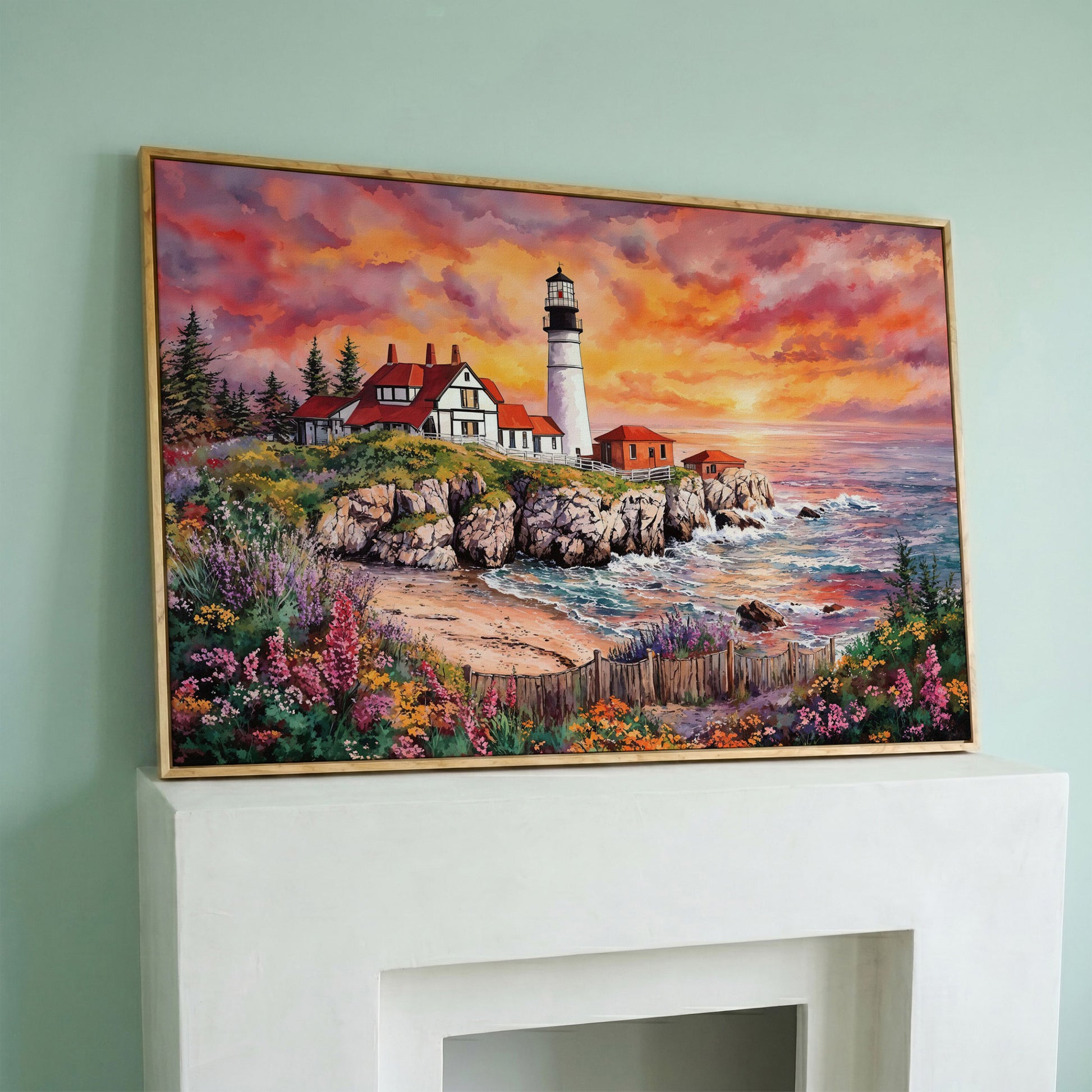 Lighthouse on Rocky Coast at Sunset Canvas Wall Art in white oak floating frame
