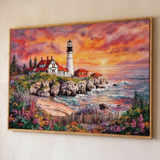 Lighthouse on Rocky Coast at Sunset Canvas Wall Art shown in white oak floating frame