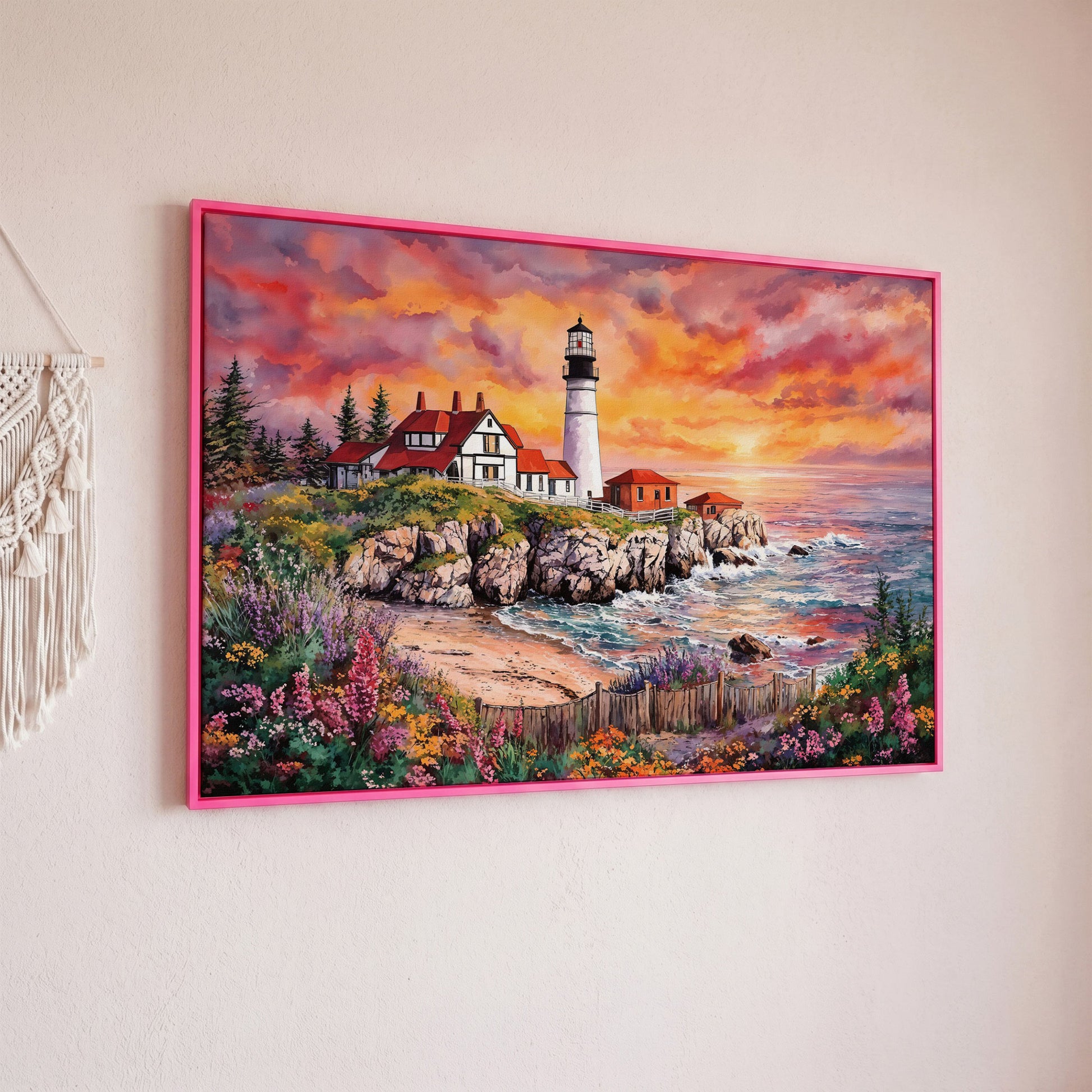 Lighthouse on Rocky Coast at Sunset Canvas Wall Art in pink floating frame