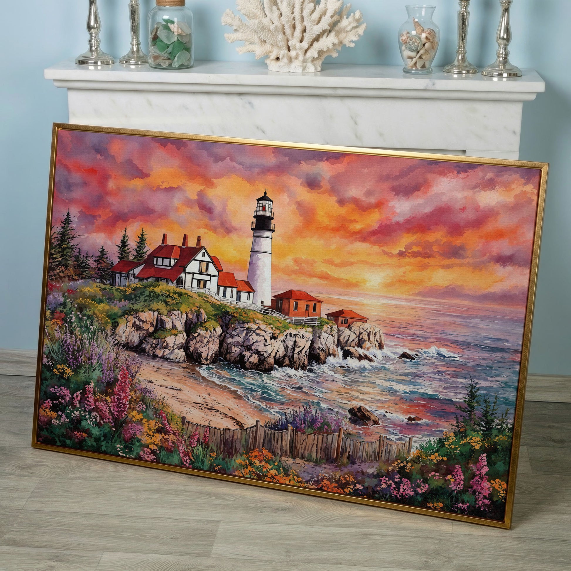 Lighthouse on Rocky Coast at Sunset Canvas Wall Art in rose gold floating frame