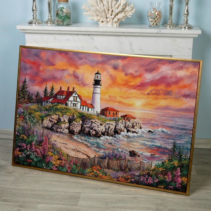 Lighthouse on Rocky Coast at Sunset Canvas Wall Art in rose gold floating frame