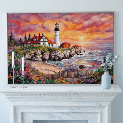 Lighthouse on Rocky Coast at Sunset Canvas Wall Art in silver floating frame