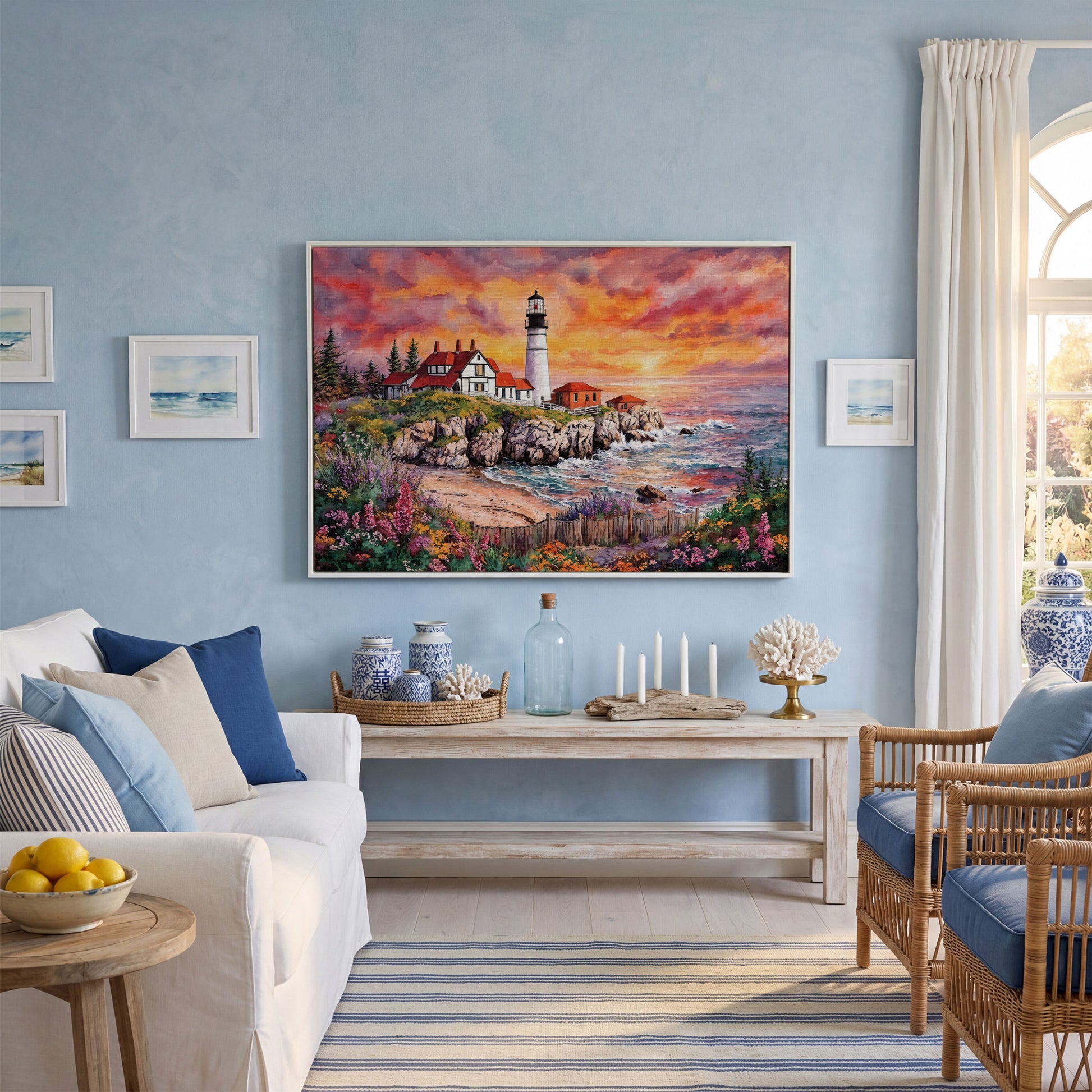 Lighthouse on Rocky Coast at Sunset Canvas Wall Art in white floating frame