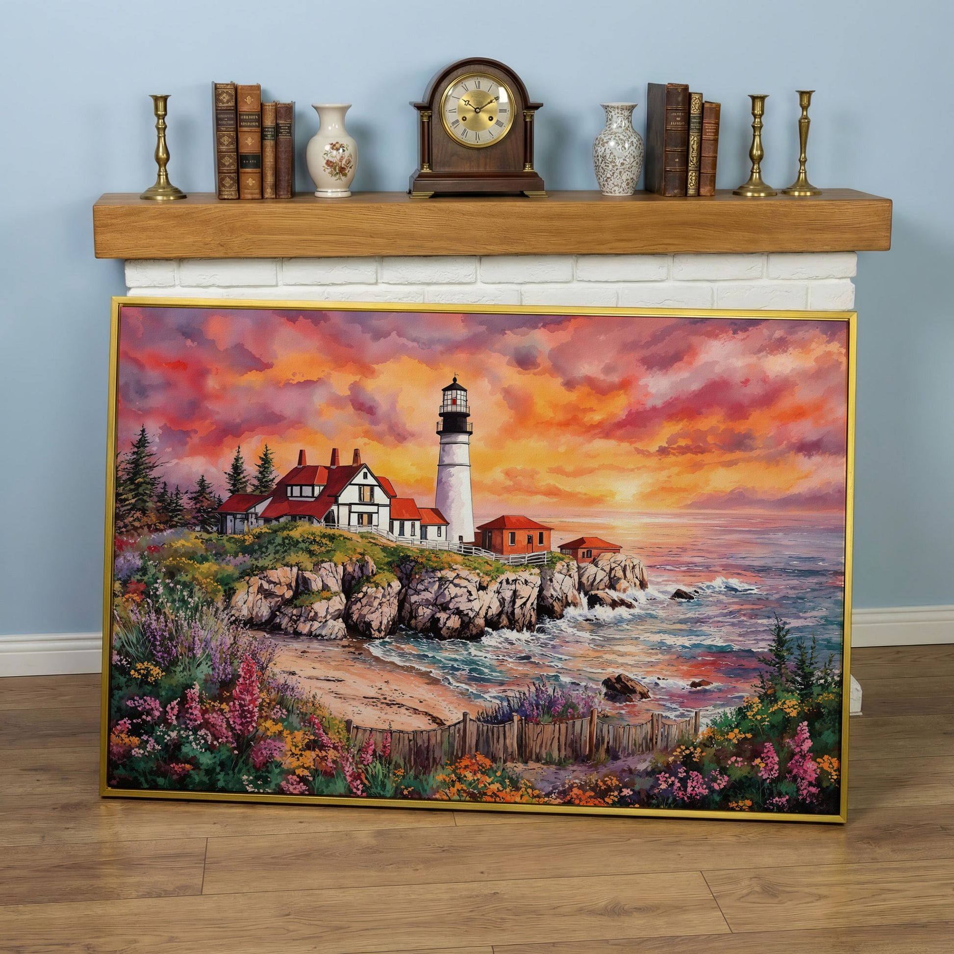 Lighthouse on Rocky Coast at Sunset Canvas Wall Art in yellow gold floating frame