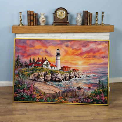 Lighthouse on Rocky Coast at Sunset Canvas Wall Art in yellow gold floating frame