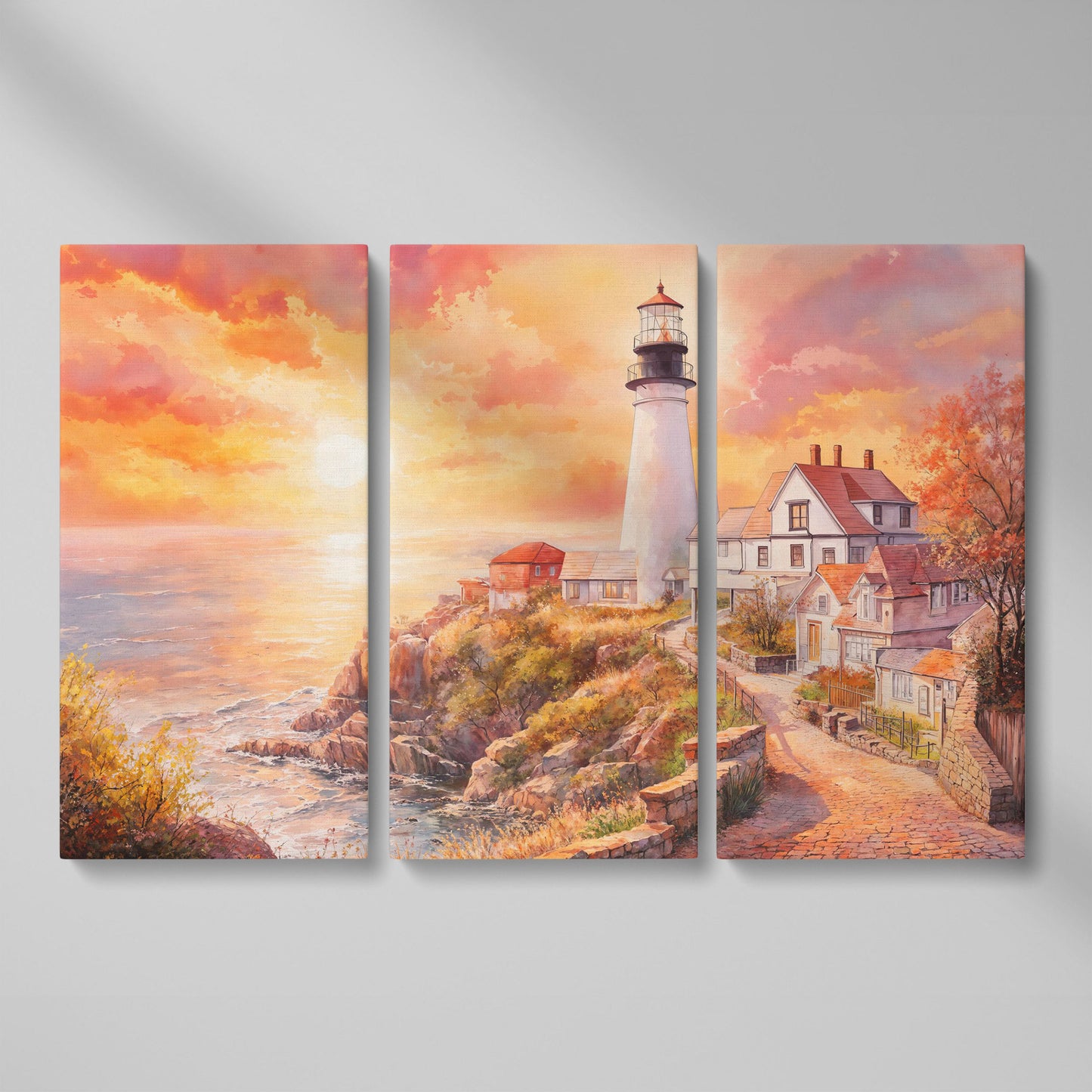 Lighthouse at Sunset Canvas Art, Coastal Village Seascape as 3-panel split version