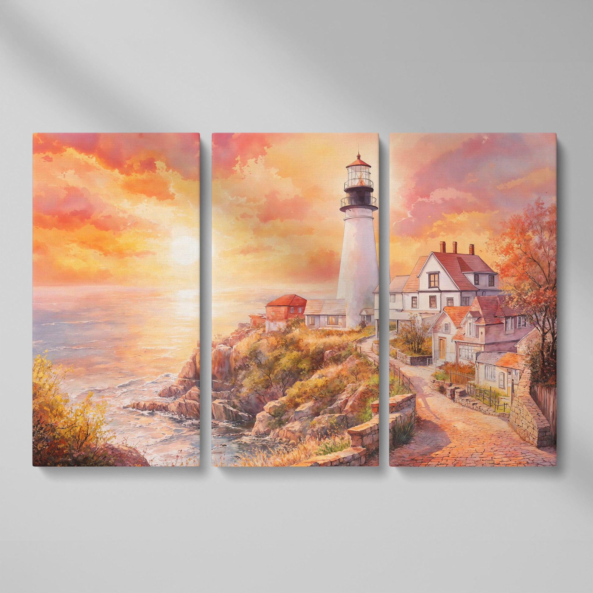 Lighthouse at Sunset Canvas Art, Coastal Village Seascape as 3-panel split version