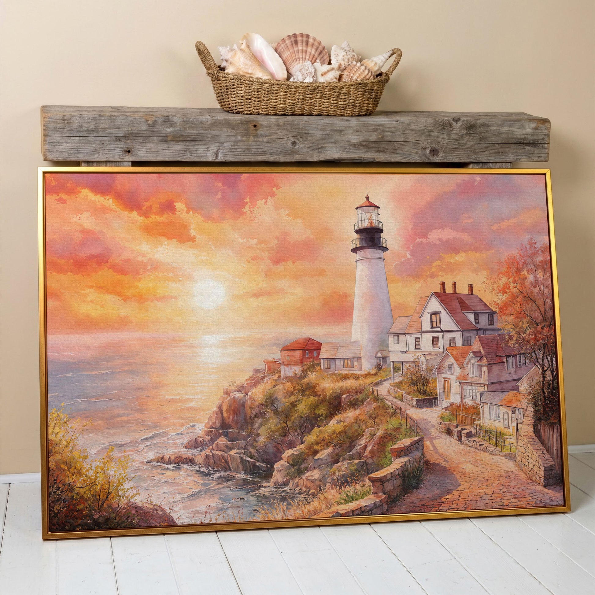 Lighthouse at Sunset Canvas Art, Coastal Village Seascape in antique gold floating frame