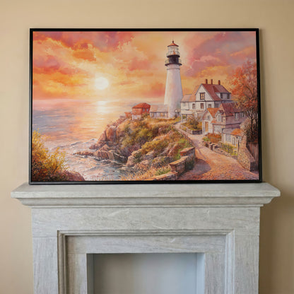 Lighthouse at Sunset Canvas Art, Coastal Village Seascape in black floating frame