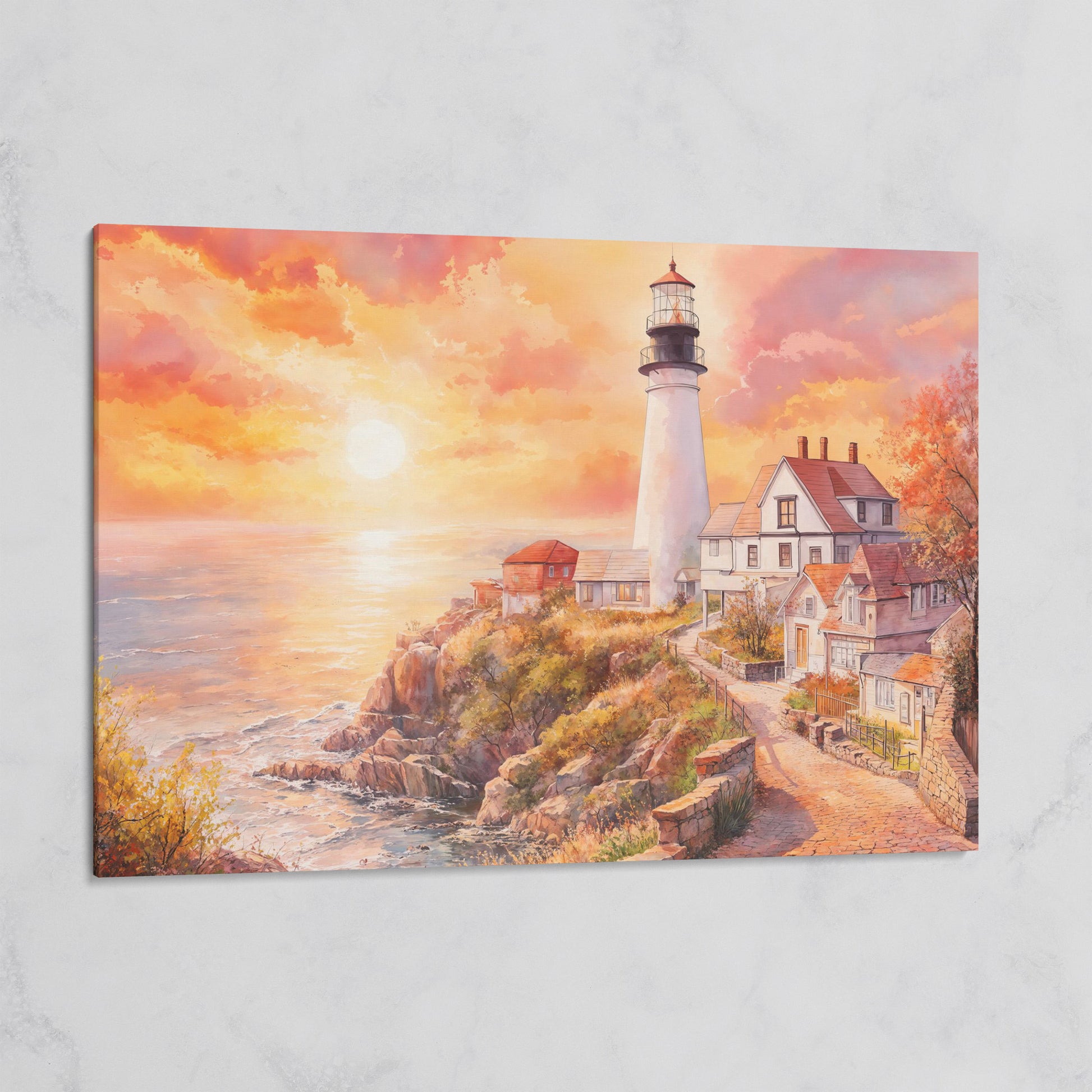 Lighthouse at Sunset Canvas Art, Coastal Village Seascape on gallery wrap