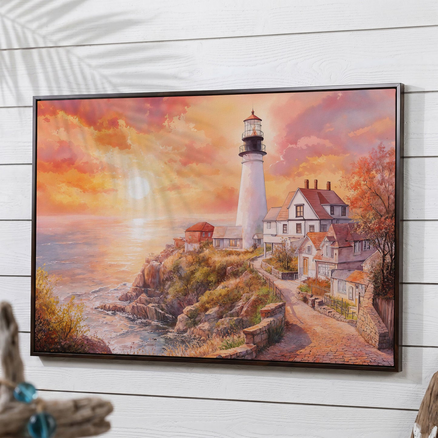 Lighthouse at Sunset Canvas Art, Coastal Village Seascape in dark walnut floating frame