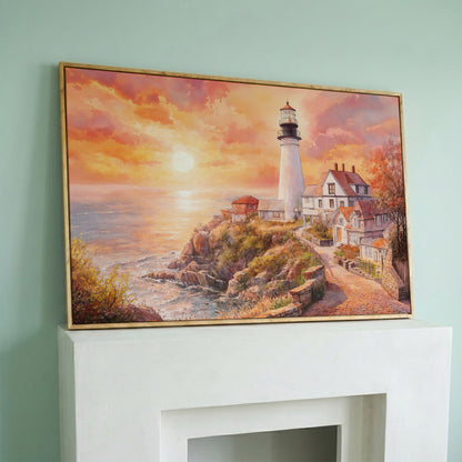 Lighthouse at Sunset Canvas Art, Coastal Village Seascape in white oak floating frame
