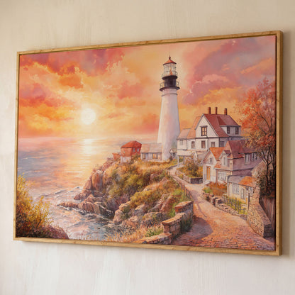 Lighthouse at Sunset Canvas Art, Coastal Village Seascape shown in white oak floating frame