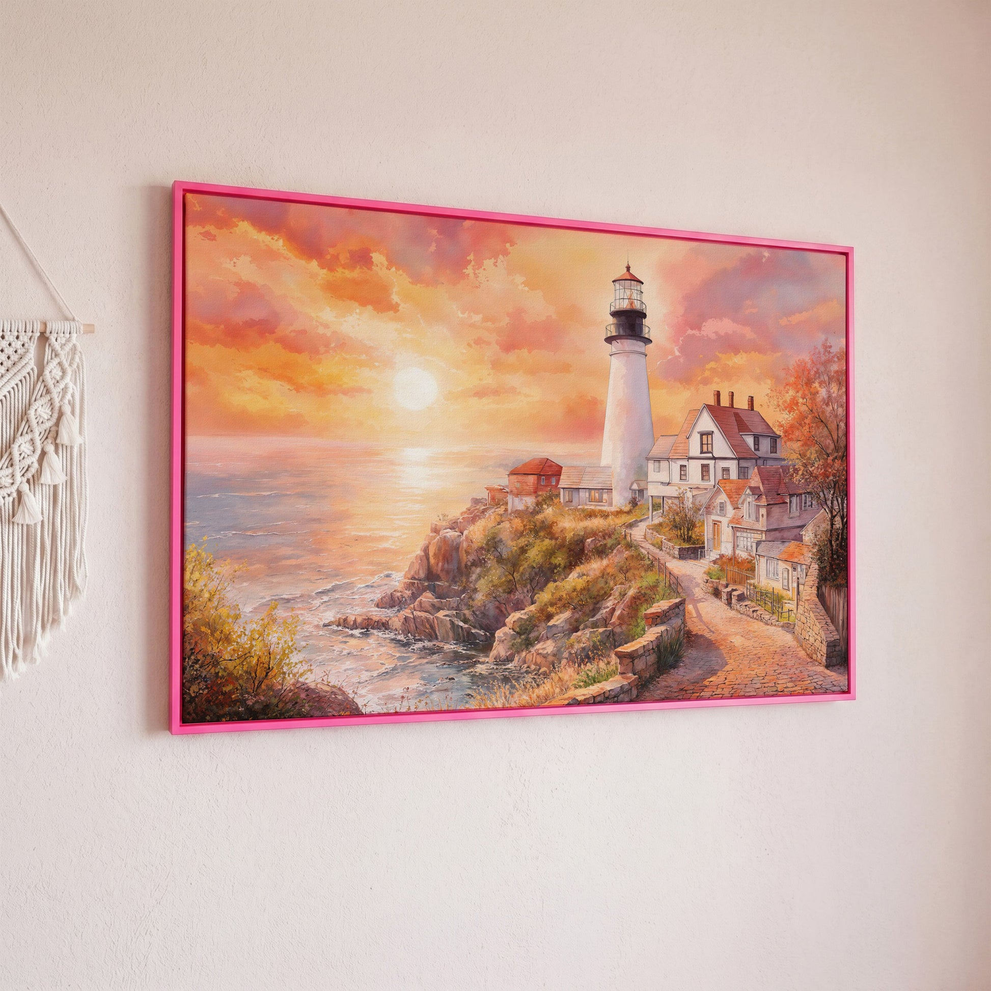 Lighthouse at Sunset Canvas Art, Coastal Village Seascape in pink floating frame