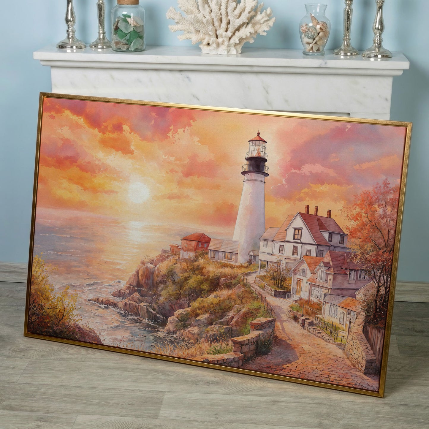 Lighthouse at Sunset Canvas Art, Coastal Village Seascape in rose gold floating frame