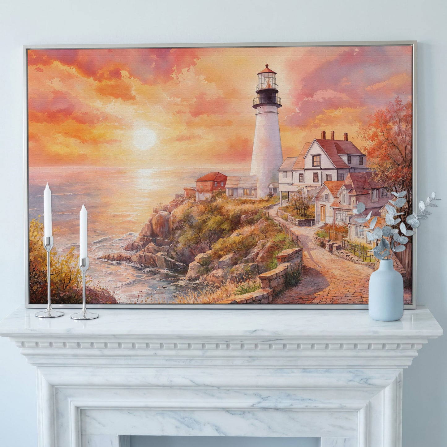 Lighthouse at Sunset Canvas Art, Coastal Village Seascape in silver floating frame