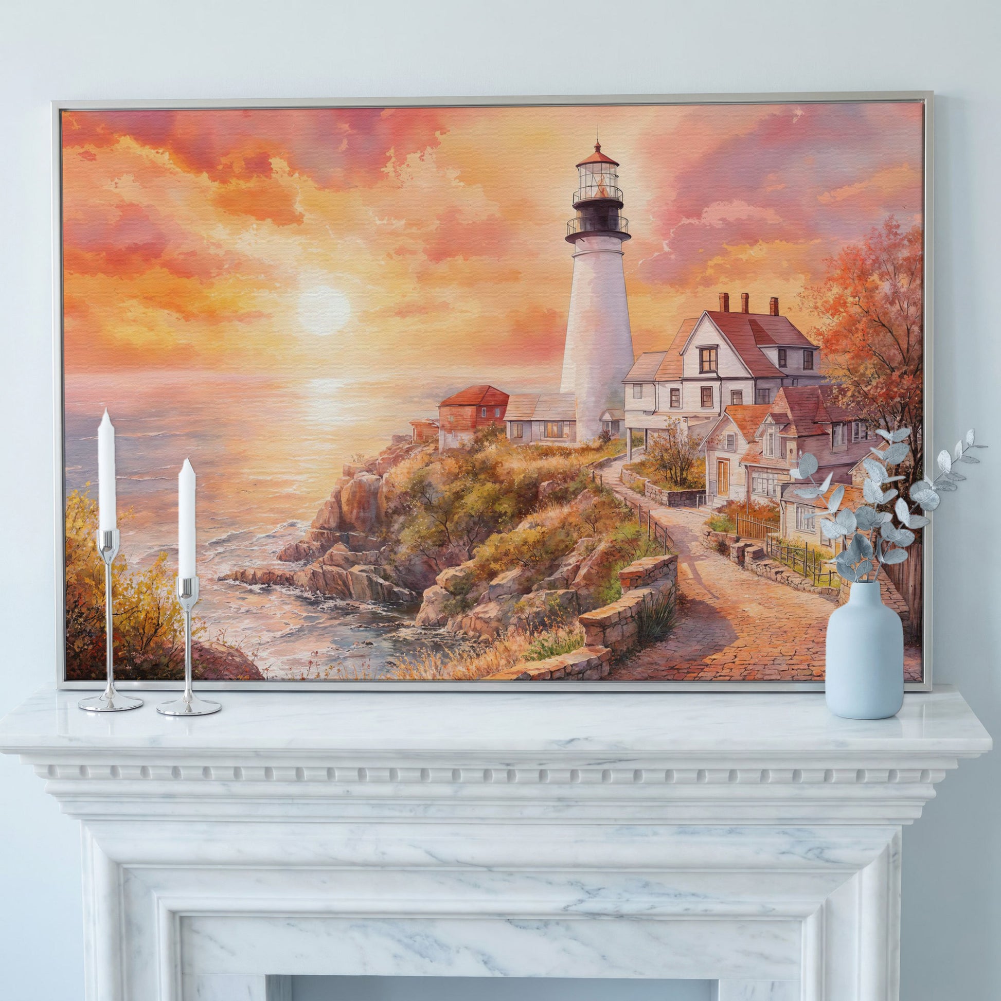 Lighthouse at Sunset Canvas Art, Coastal Village Seascape in silver floating frame