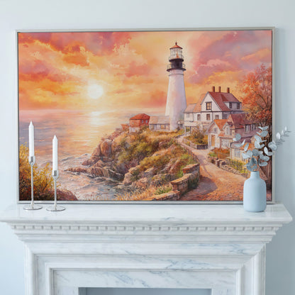 Lighthouse at Sunset Canvas Art, Coastal Village Seascape in silver floating frame