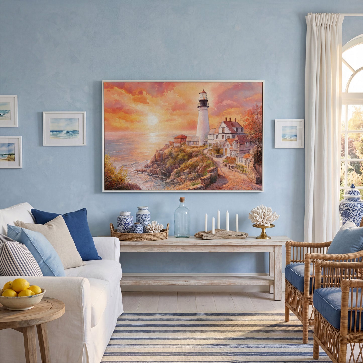 Lighthouse at Sunset Canvas Art, Coastal Village Seascape in white floating frame