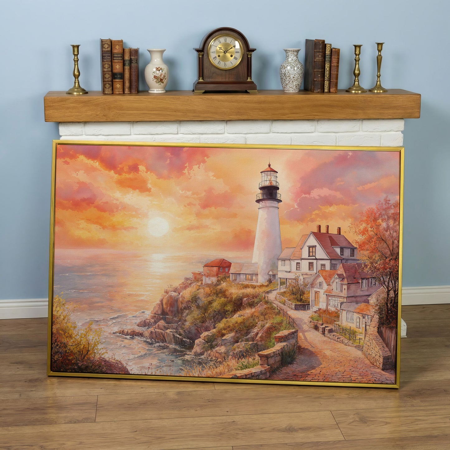 Lighthouse at Sunset Canvas Art, Coastal Village Seascape in yellow gold floating frame