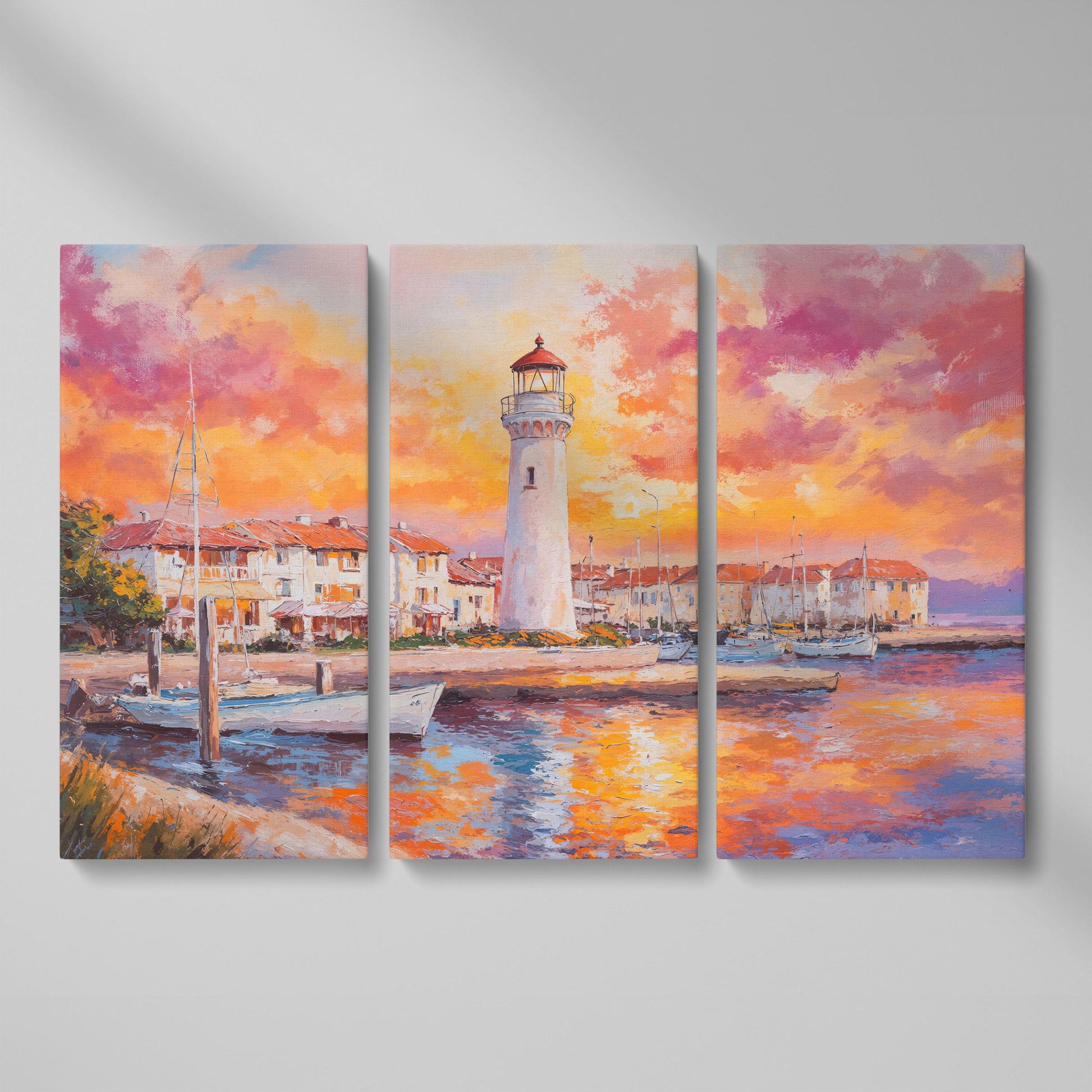 Lighthouse Harbor at Sunset Canvas Wall Art as 3-panel split version