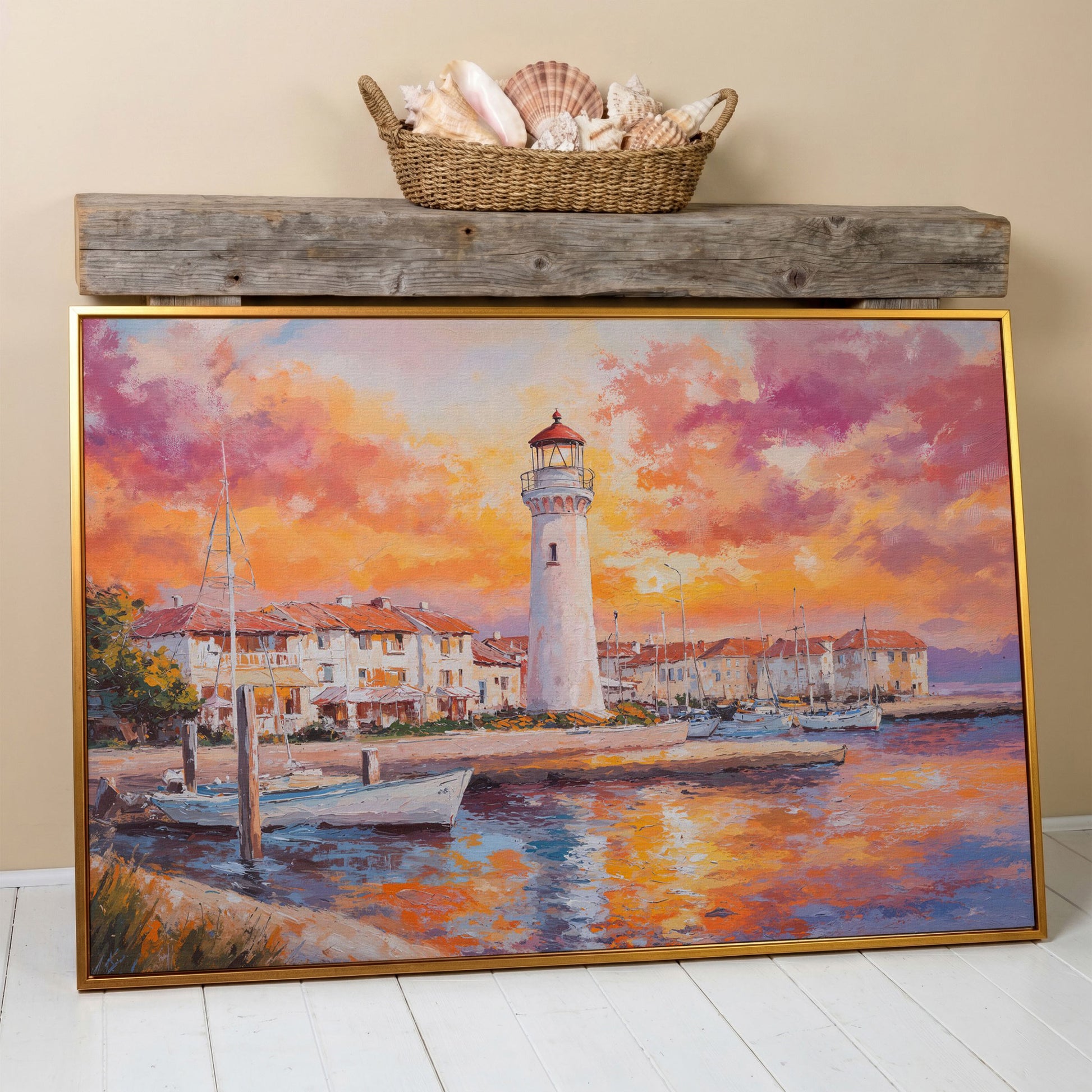 Lighthouse Harbor at Sunset Canvas Wall Art in antique gold floating frame