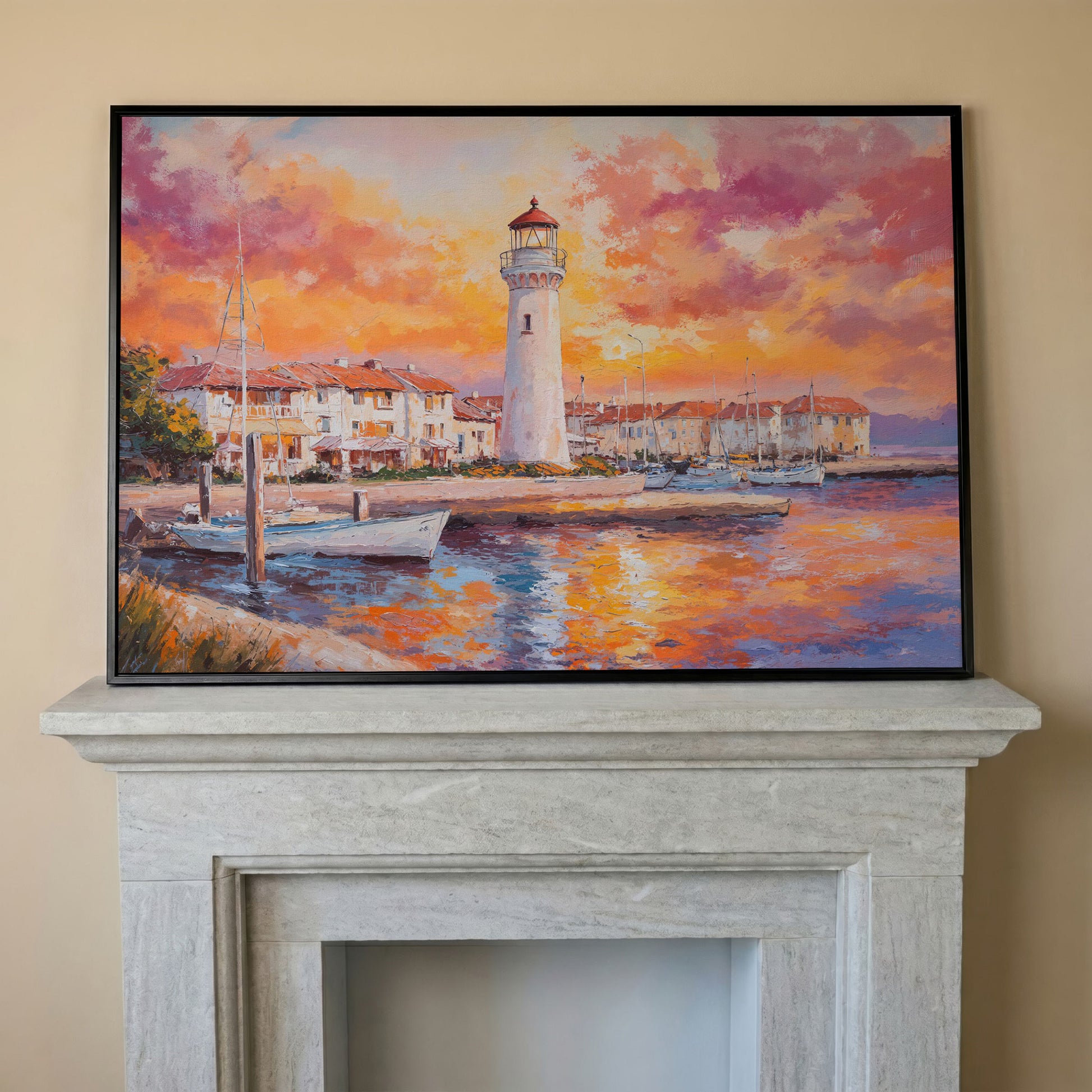 Lighthouse Harbor at Sunset Canvas Wall Art in black floating frame