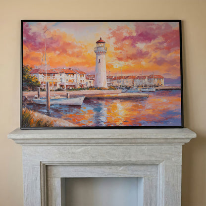 Lighthouse Harbor at Sunset Canvas Wall Art in black floating frame