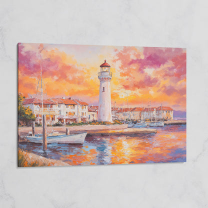 Lighthouse Harbor at Sunset Canvas Wall Art on gallery wrap