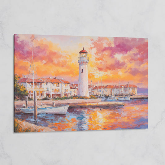 Lighthouse Harbor at Sunset Canvas Wall Art on gallery wrap