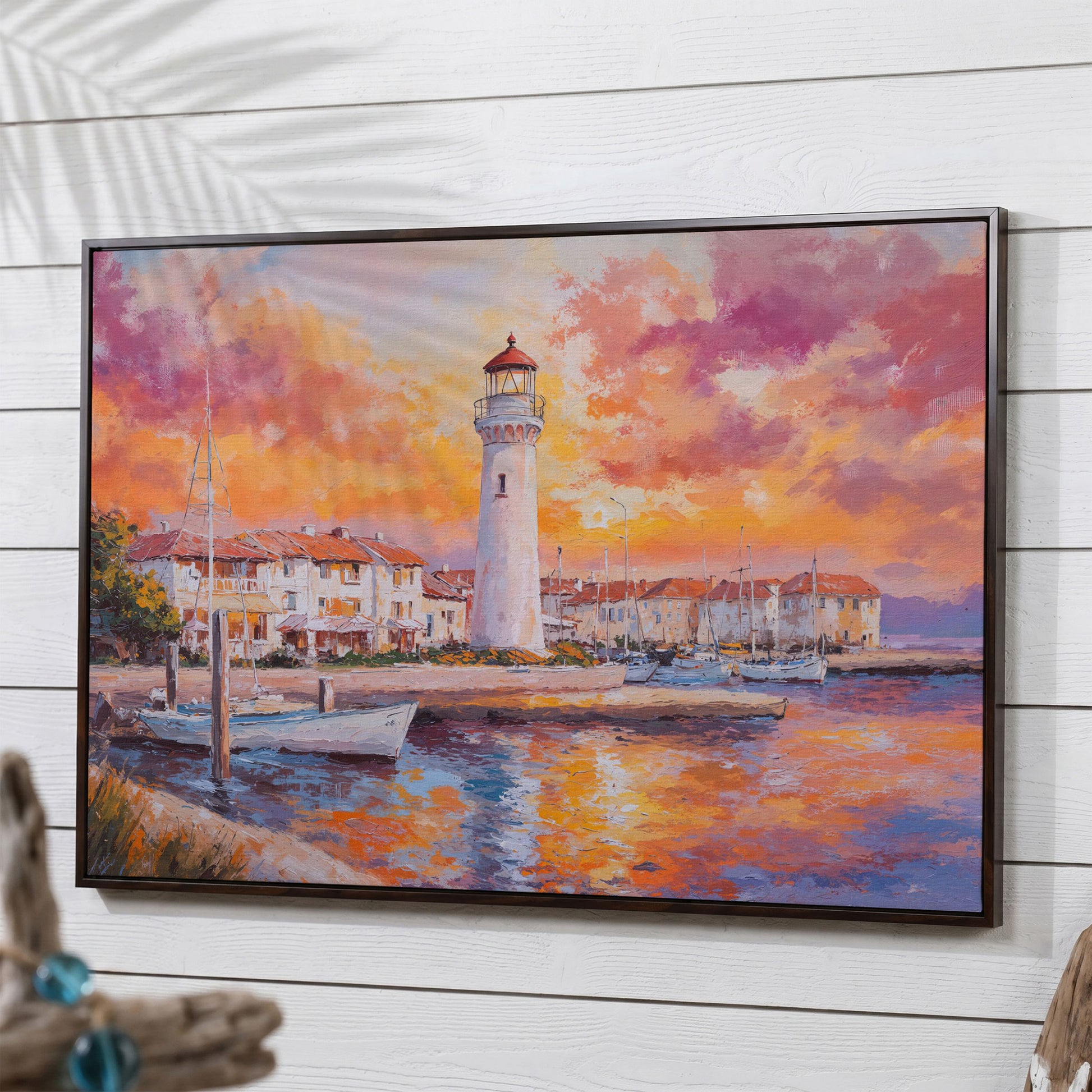 Lighthouse Harbor at Sunset Canvas Wall Art in dark walnut floating frame