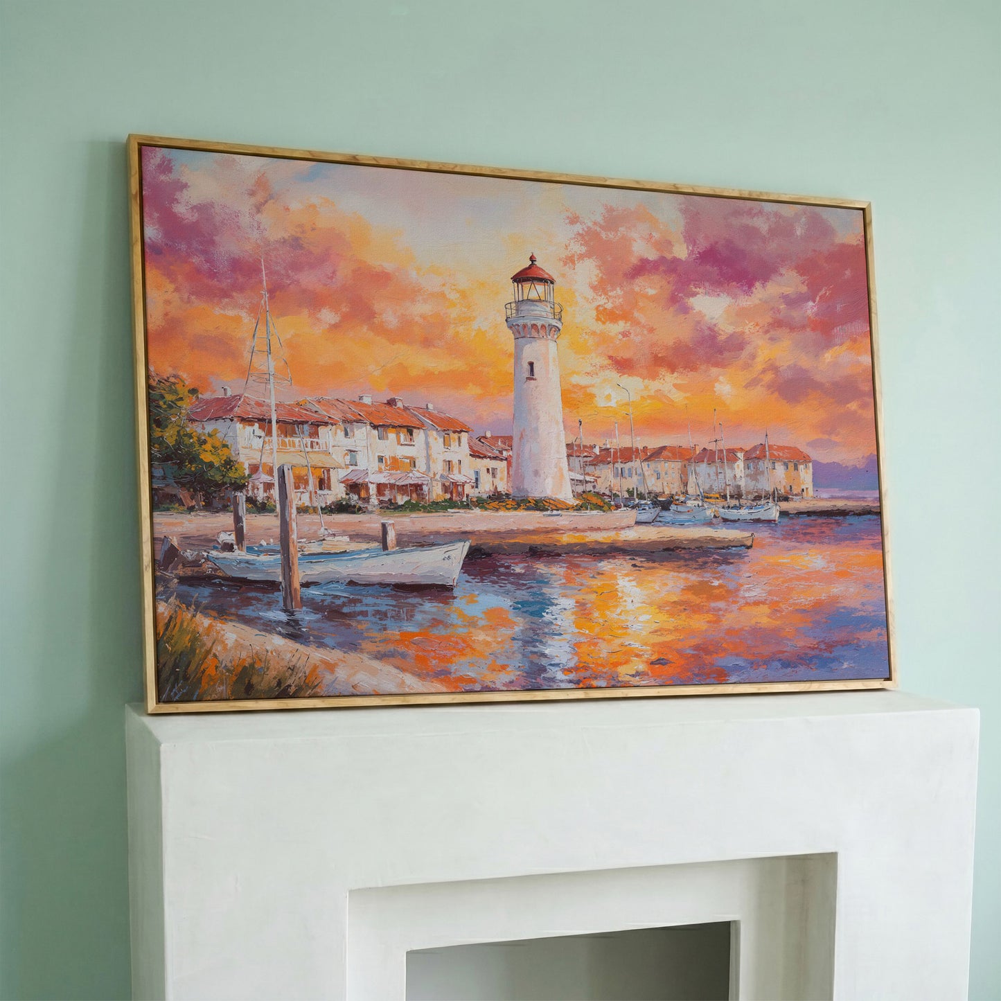 Lighthouse Harbor at Sunset Canvas Wall Art in white oak floating frame