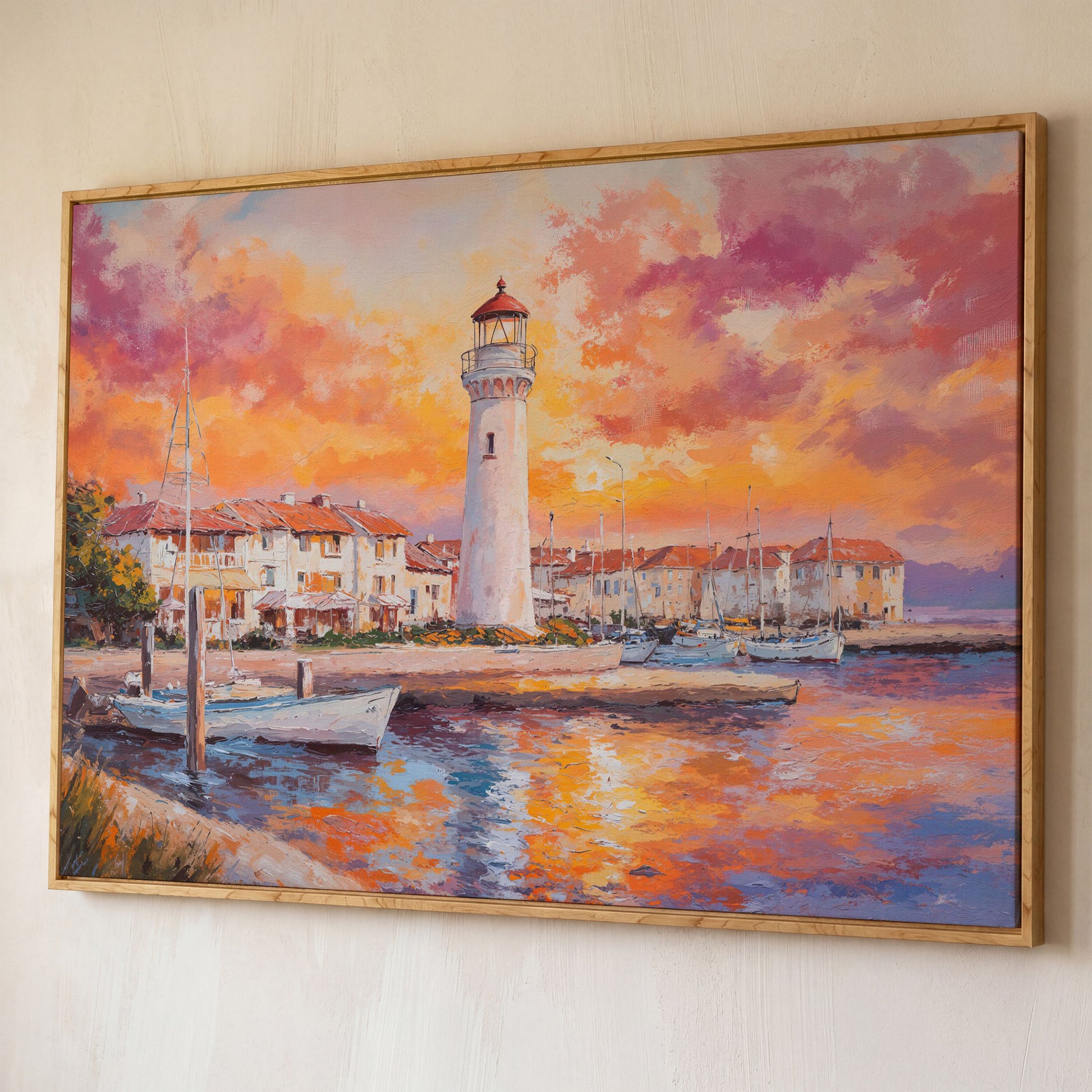 Lighthouse Harbor at Sunset Canvas Wall Art shown in white oak floating frame