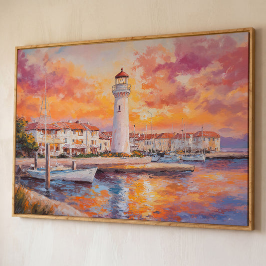 Lighthouse Harbor at Sunset Canvas Wall Art shown in white oak floating frame