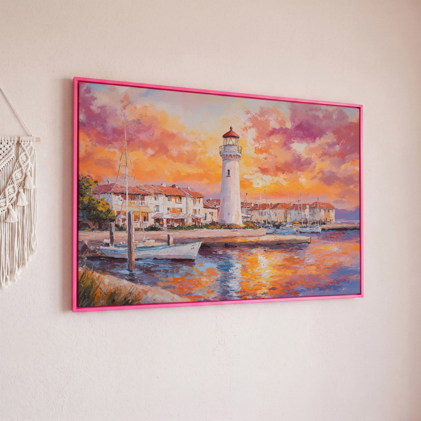 Lighthouse Harbor at Sunset Canvas Wall Art in pink floating frame