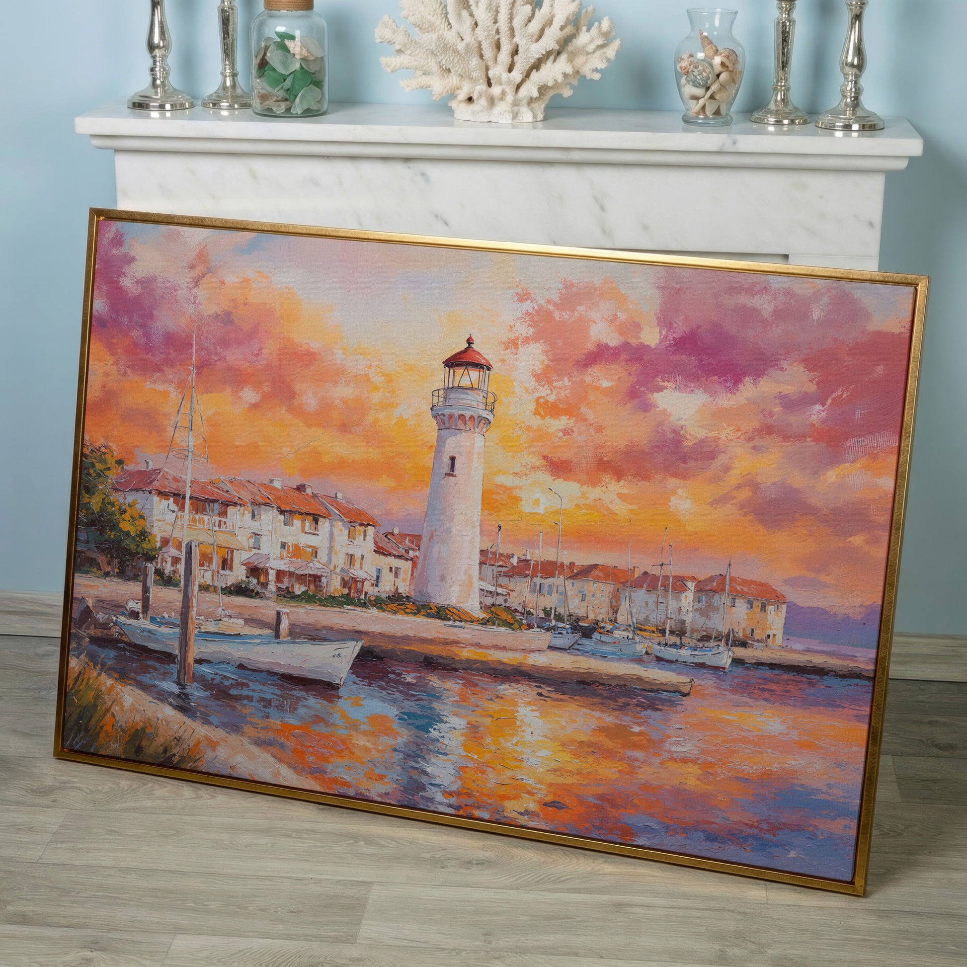 Lighthouse Harbor at Sunset Canvas Wall Art in rose gold floating frame