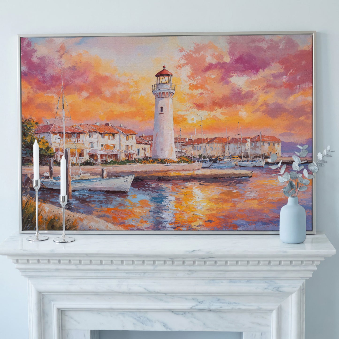 Lighthouse Harbor at Sunset Canvas Wall Art in silver floating frame