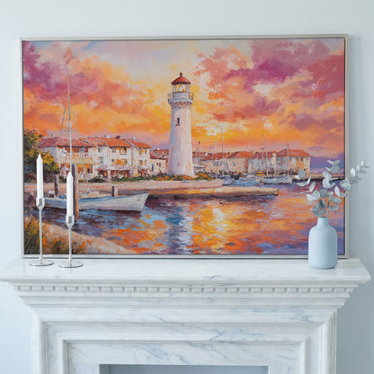 Lighthouse Harbor at Sunset Canvas Wall Art in silver floating frame